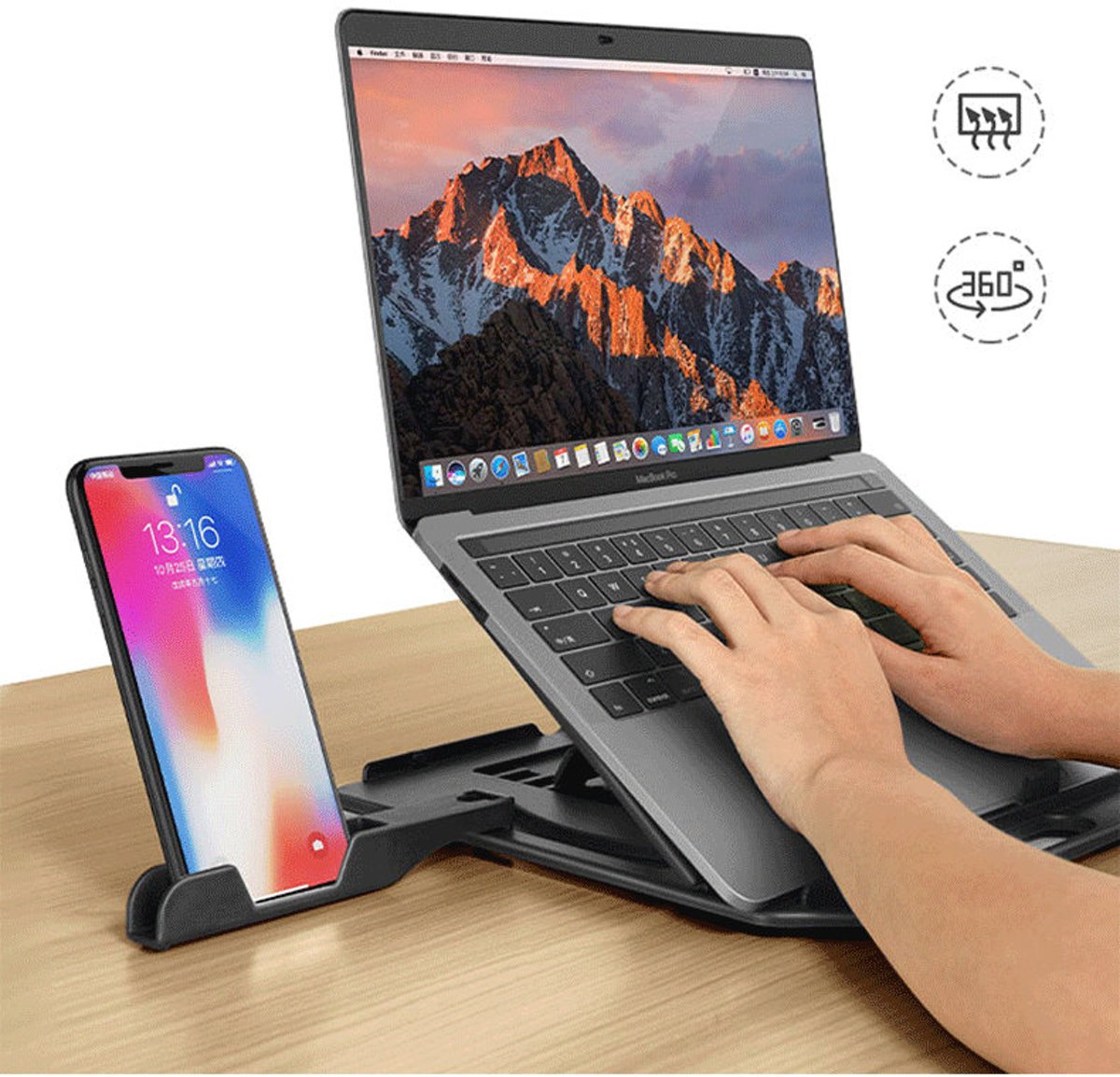 Opvouwbare laptopstandaard met telefoonhouder  – 7 Standen in hoogte verstelbaar – 360 graden draaibaar voetstuk – Zwart | Nieuw design laptop standaard 2019